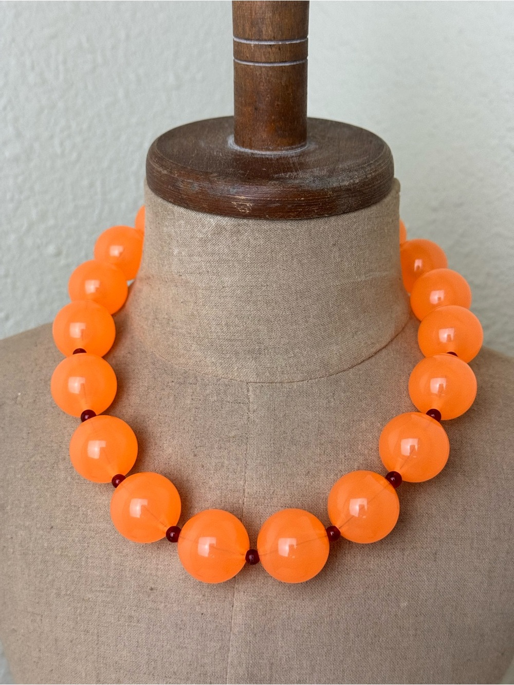 Bright Neon Orange Lucite Beaded Statement Necklace Silver Plated Hook Clasp